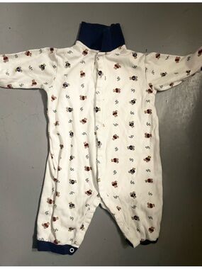 Ralph Lauren White Baby Onesie with Navy Trim and Teddy Bear Printing 9 Months